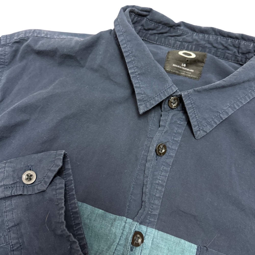 Oakley Mens Navy‎ Blue Teal Colorblock Long Sleeve Button Down Shirt Large L/G